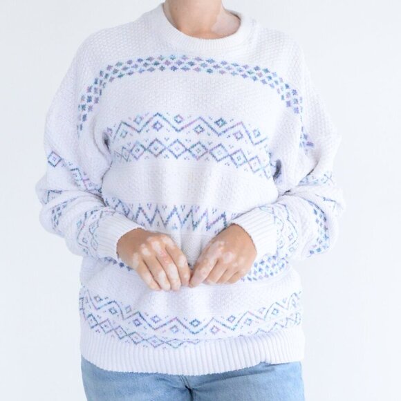 Vintage Parkhurst White Blue Eclectic Grandma Crewneck Sweater Fairy Kie L - Picture 2 of 11